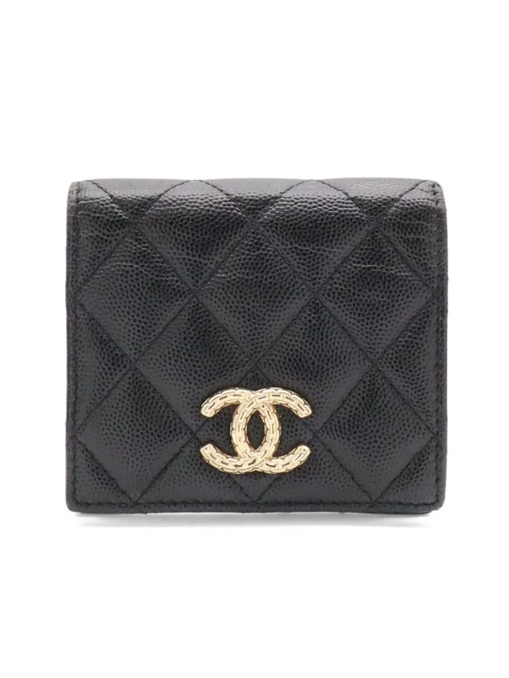 Chanel Metiers D'art Collection Quilted CC Logo Compact Wallet Bifold Caviar